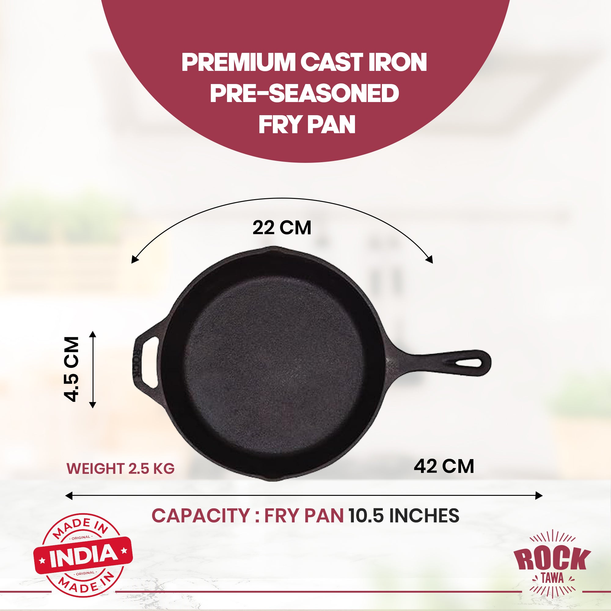 ROCK TAWA FRYING PAN 10.5/2 LITRES IN PRE-SEASONED CAST IRON SKILLET