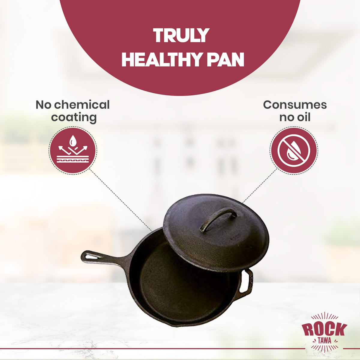 ROCK TAWA PAN 8 INCH/1.1 LITRE WITH LID PRE-SEASONED CAST IRON SKILLET