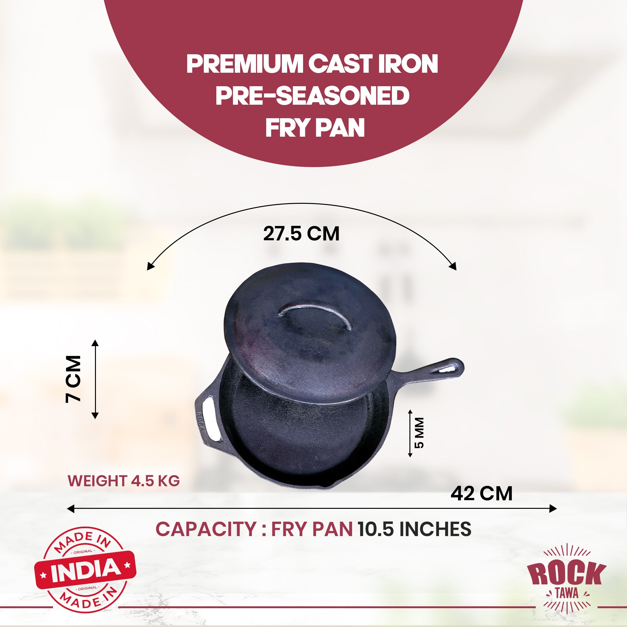 ROCK TAWA PAN 10.5 INCH/2 LITRES WITH LID PRE-SEASONED CAST IRON SKILLET