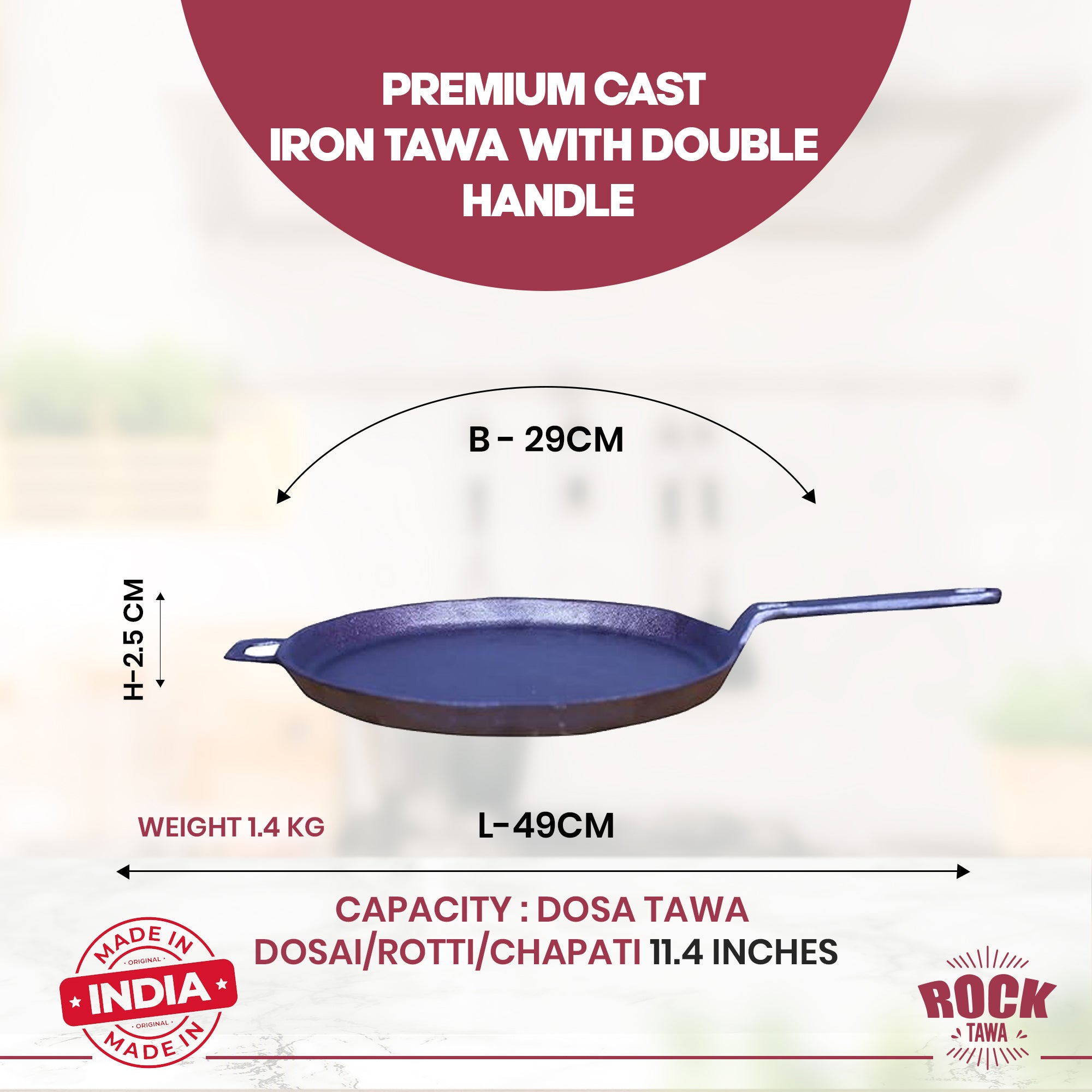 ROCK TAWA PRE-SEASONED CAST IRON FLAT DOSA/ROTTI/CHAPATTI TAWA PAN WITH HANDLE 11.4 INCH