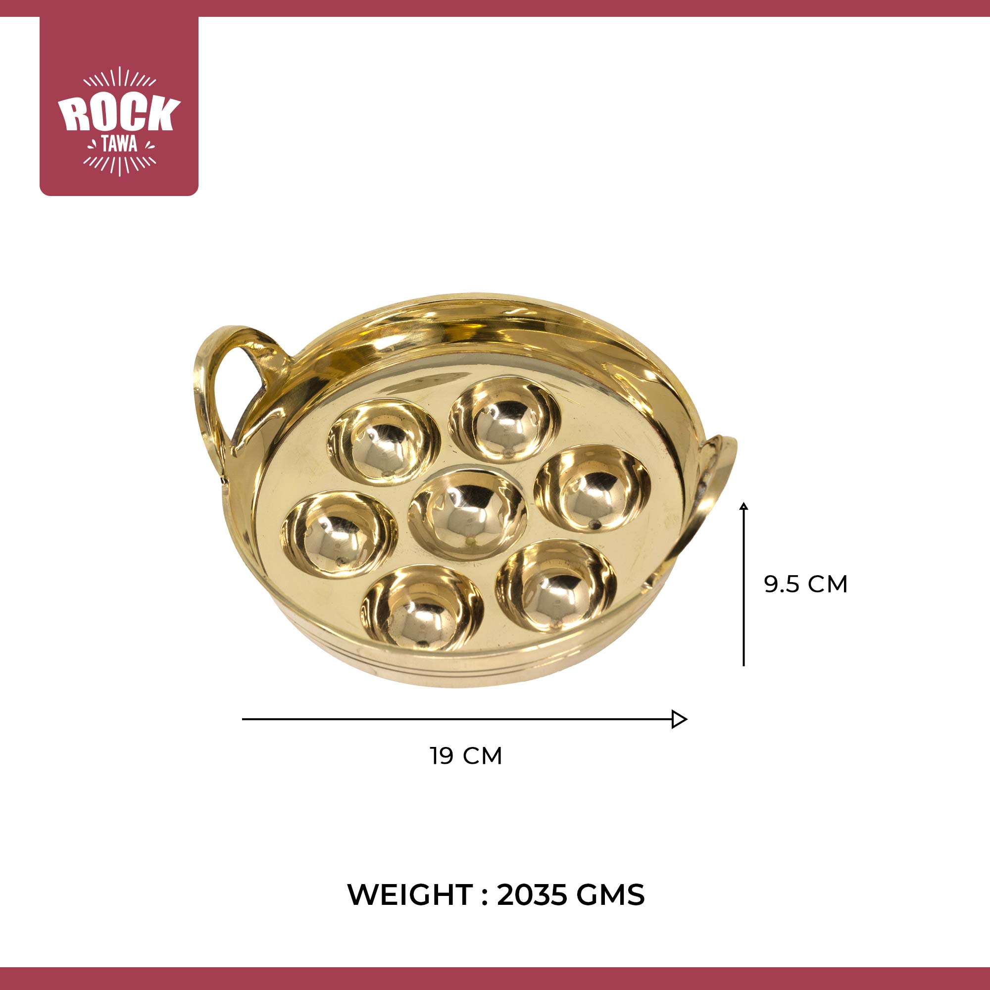 ROCK TAWA BRASS PANIYARAM PAN/APPE/PONGANALU/PADDU 7.5 INCHES WITH 7 CAVITIES MATT FINISH