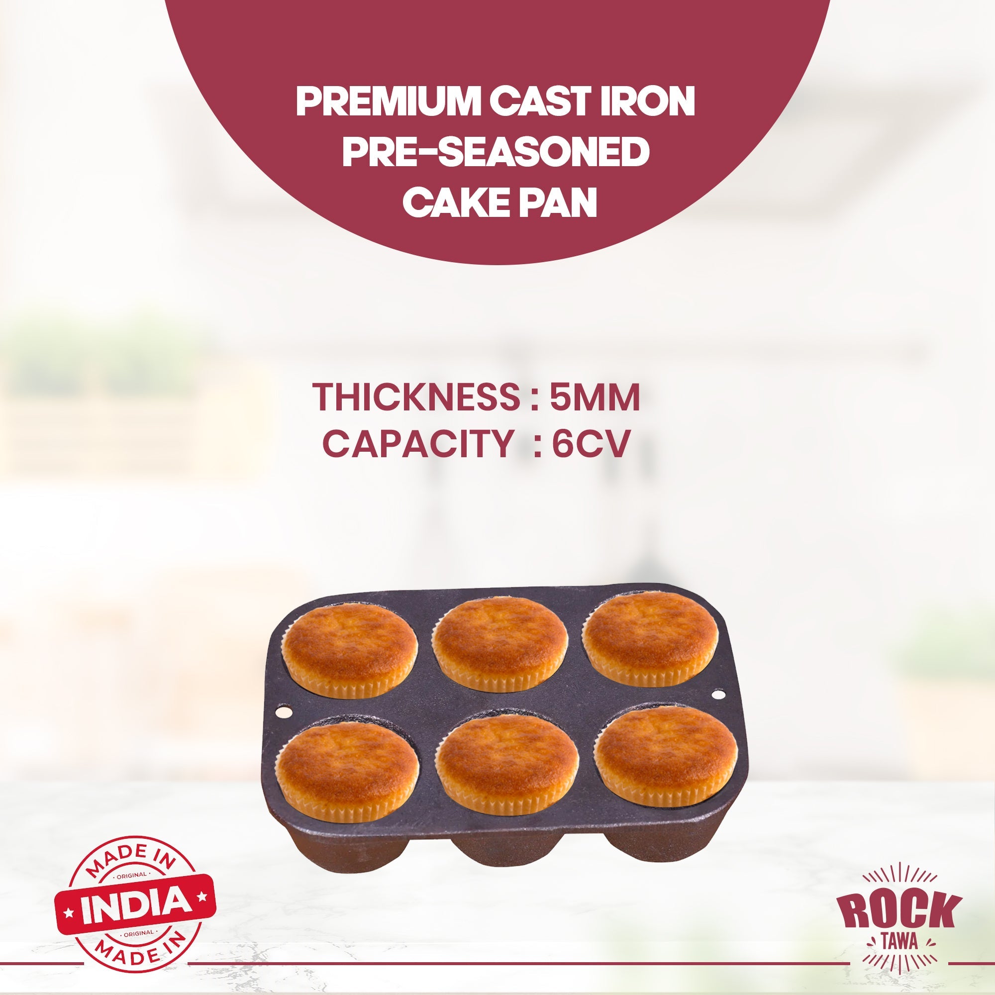 Rock Tawa 6cv Cup Cake Mould Pan Pre-Seasoned Cast Iron skillet