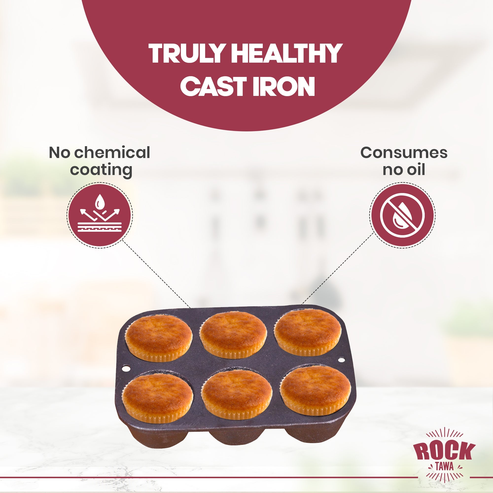 Rock Tawa 6cv Cup Cake Mould Pan Pre-Seasoned Cast Iron skillet