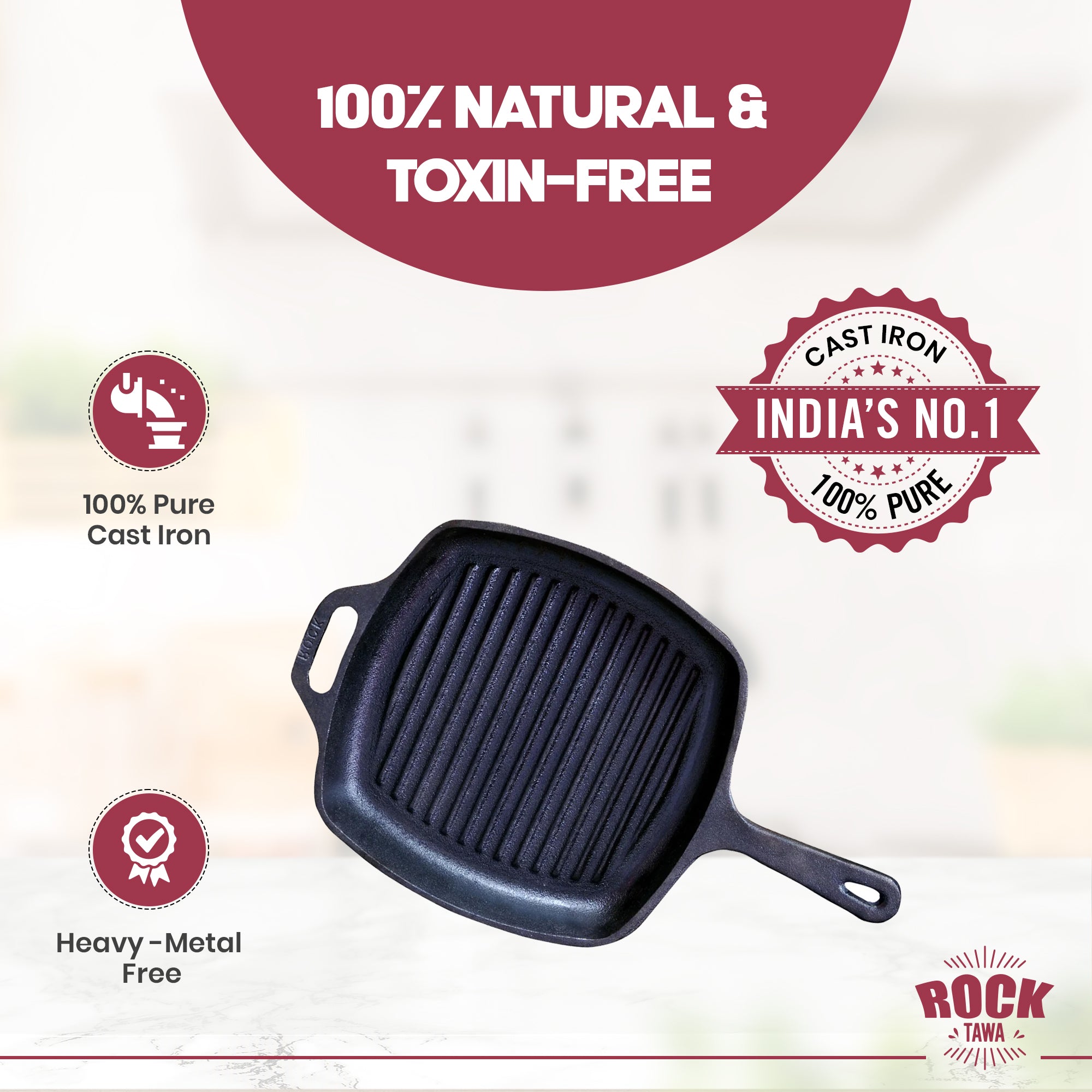 ROCK TAWA SQUARE GRILL PAN LITRES INCH PRE-SEASONED CAST