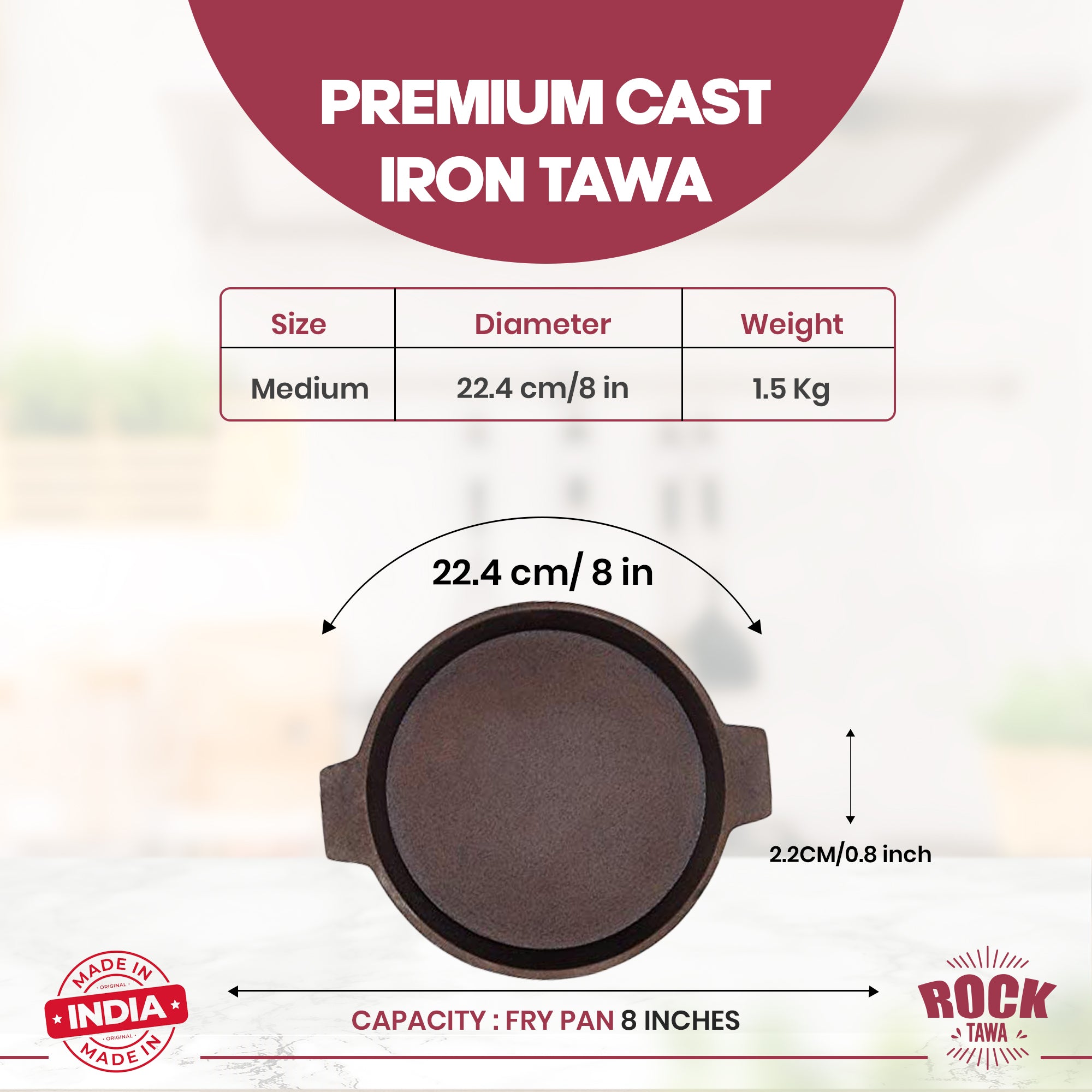 ROCK TAWA SHALLOW FRY / FISH FRY / OMELET PAN 8 /0.75 LITRE IN PRE-SEASONED CAST IRON SKILLET