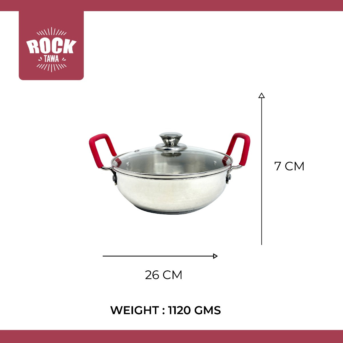 Rock Tawa SS Induction Kadhai with Glass Lid, 20 cm / 1.75 ltrs